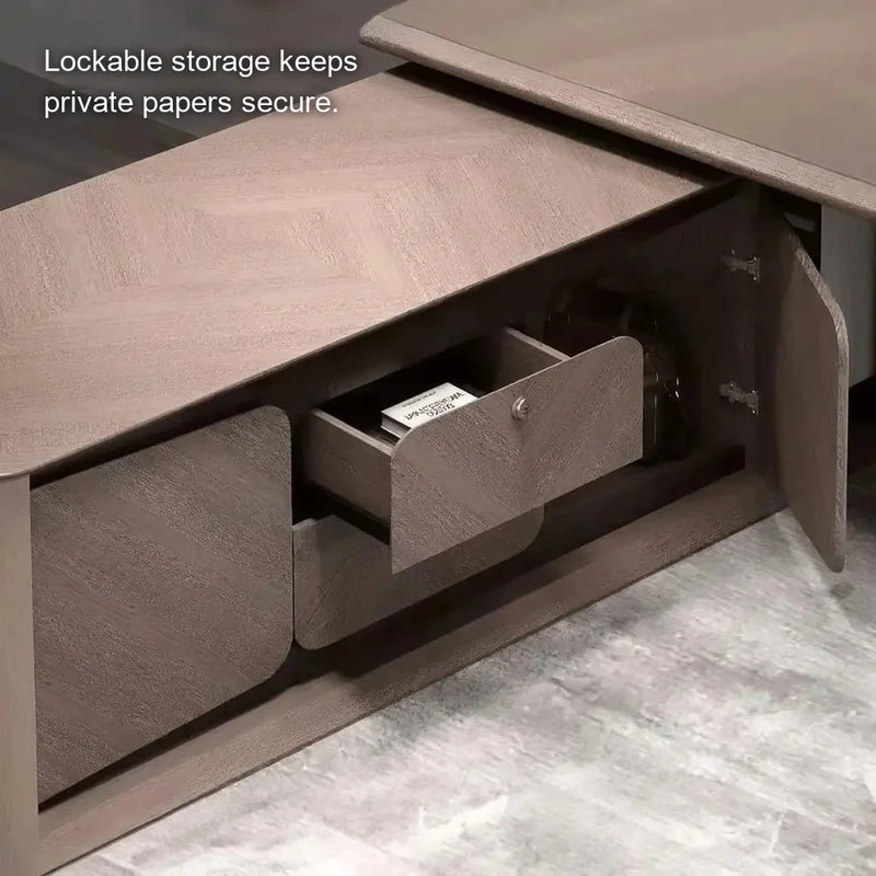 Cognac locking drawer open inside the return cabinet