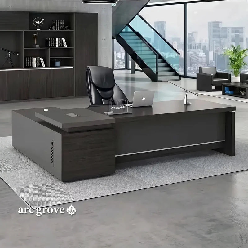 Midnight Black Hershey L-shaped executive desk with right return in a modern high-rise CEO office