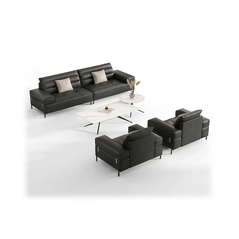 Alnö modern office lounge seating conversation set in black leather: 3-seater sofa, two arm chairs and a coffee table