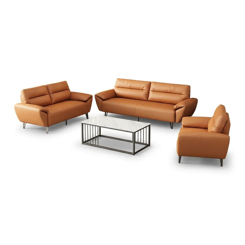 Ystad modern office lounge conversation set in orange leather: 3-seater sofa, 2-seater sofa and arm chair, studio view