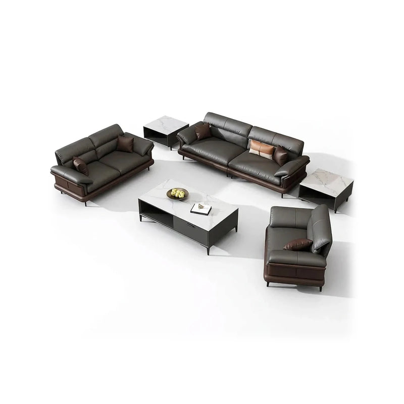 Sigtuna modern office lounge conversation set in black leather with brown base trim: sofa, 2-seater, arm chair and tables