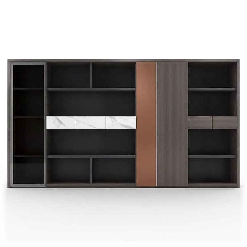 Penley 12′ (144-inch) office library wall unit, dark grid shelves, marble-look drawer bank, copper wardrobe panel and glass door