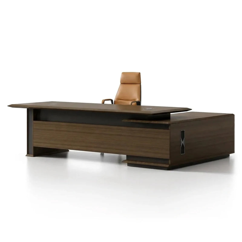 Milner desk in bronze textured woodgrain, low cantilever profile