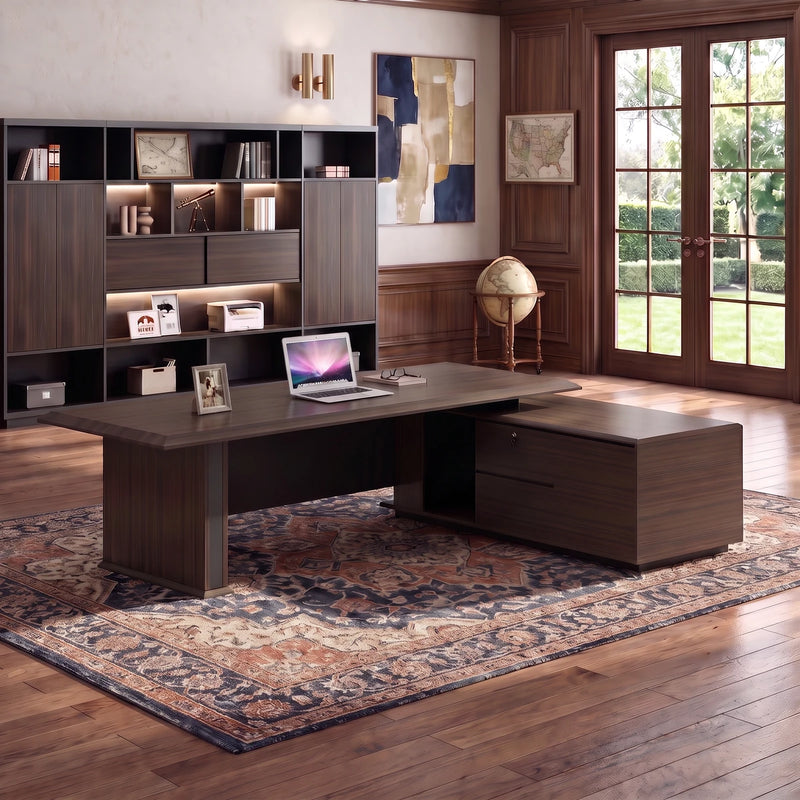 Milner desk from the user's side, laptop facing the chair, walnut-paneled office