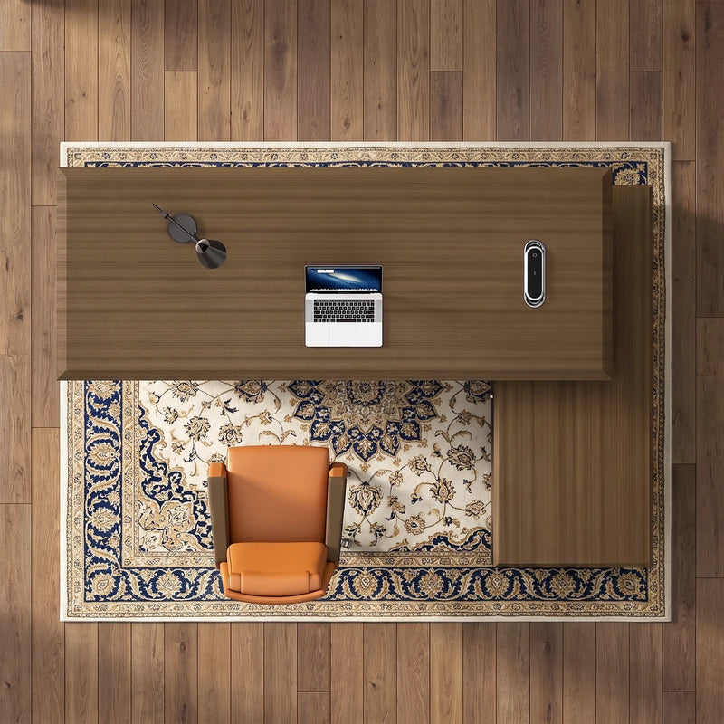 Milner desk and chair from above on a hardwood floor and Persian rug