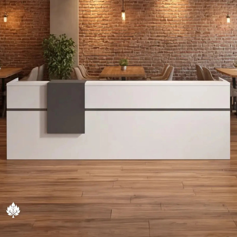 Mirel front desk, left configuration, in a brick-walled bistro