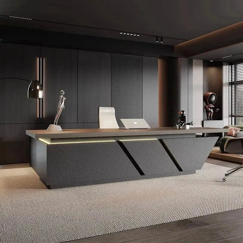 Maverick desk, right return, LED-lined slashes glowing