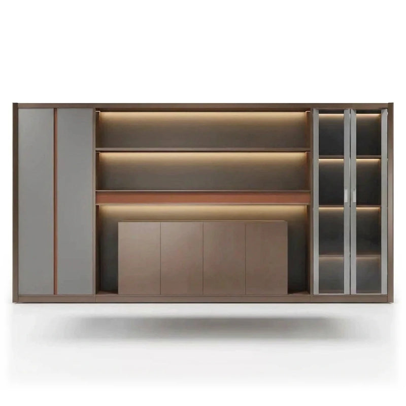 Kelham 13′6″ (162-inch) office wall unit, gray side doors, brown lit shelves with a copper accent and a framed glass cabinet