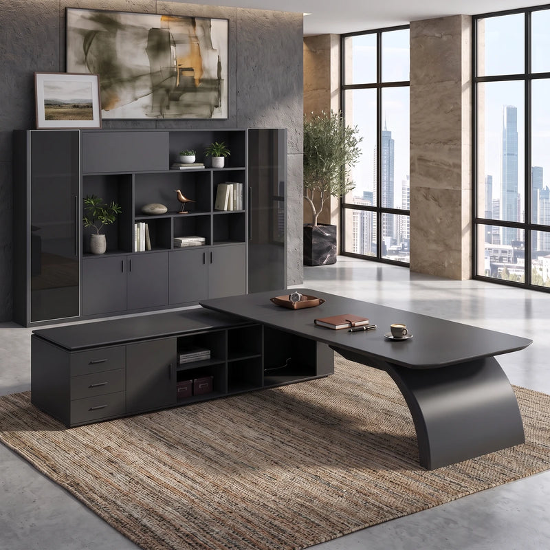 Ventura desk from the user's side in a stone tower office