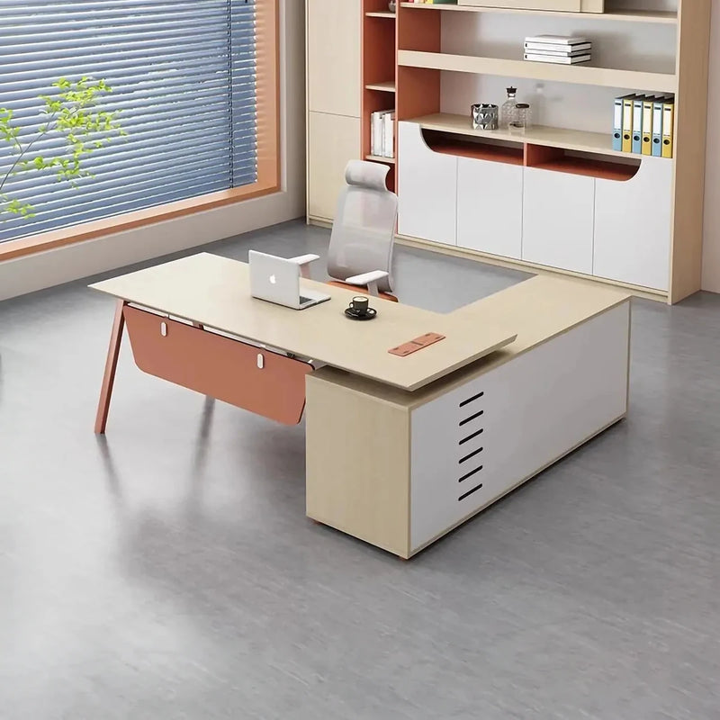 Shaw manager desk, left return, orange accents by the window