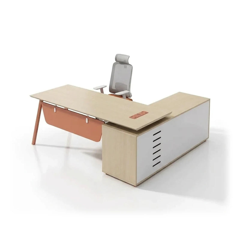 Shaw desk in light brown oak with orange panel and legs