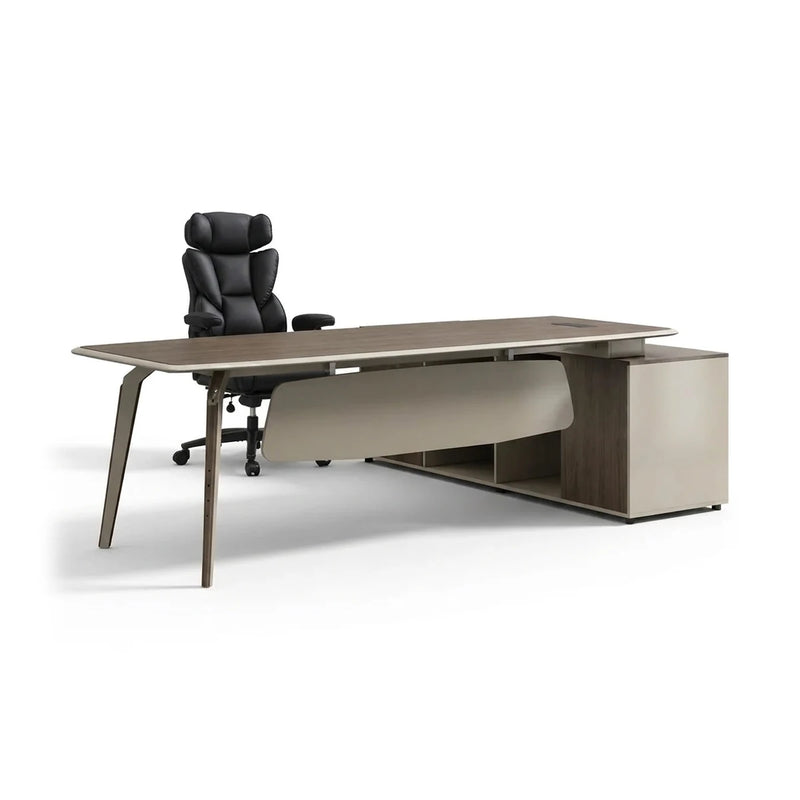 Grafton desk in walnut and beige with splayed legs and floating tray