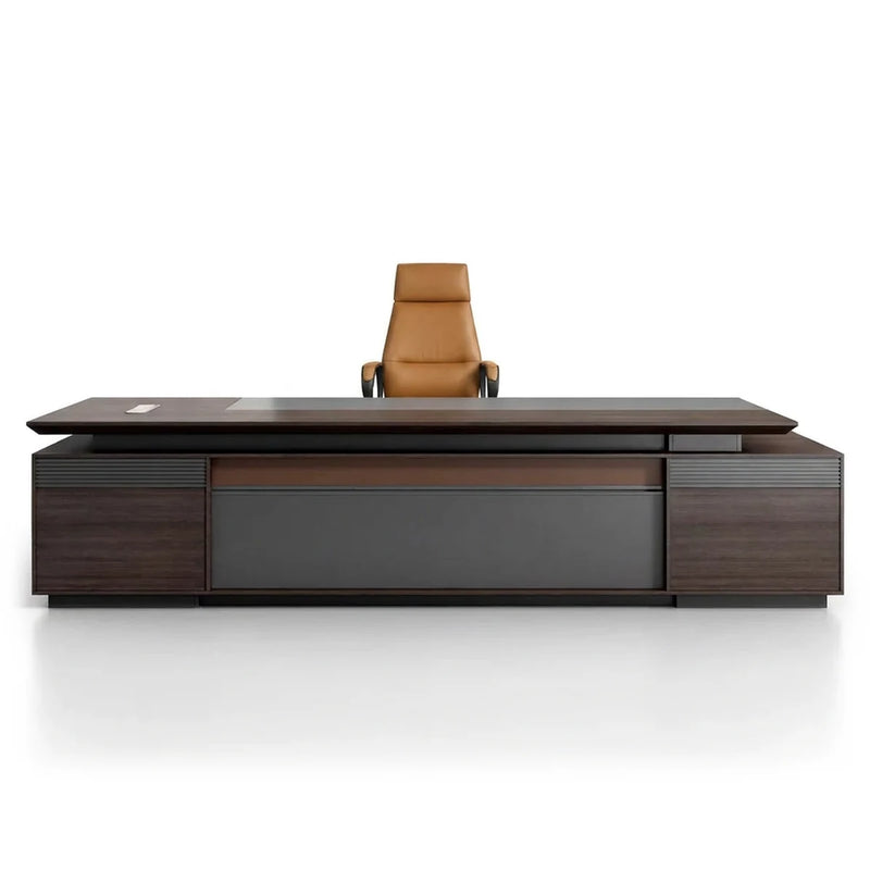 Kaius L-shaped desk in weathered gray oak with copper band