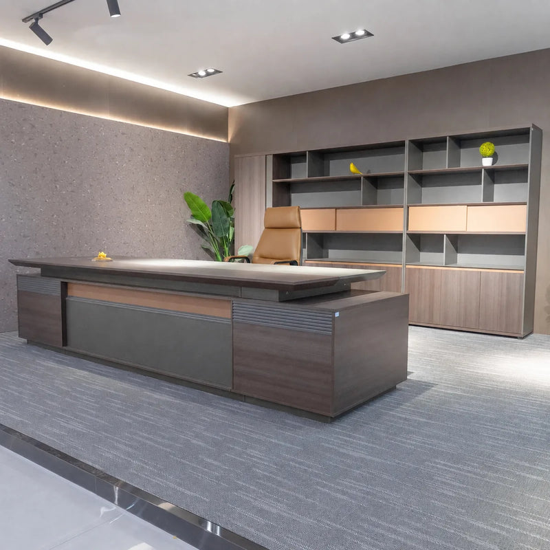 Kaius desk with gray front and walnut return in a studio office