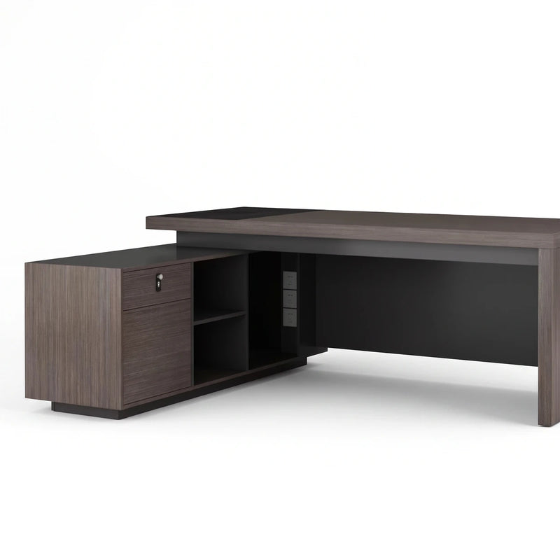 Hadley desk with keyed return cabinet and open shelves