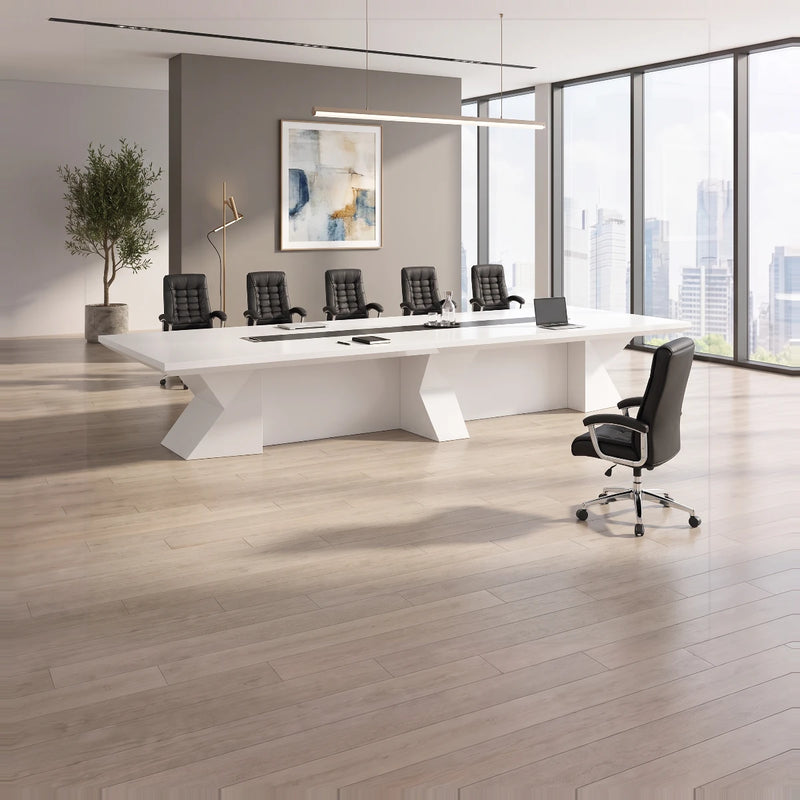 Kendrix white conference table with orange chairs, tablets on the center channel, tall windows and blue drapes
