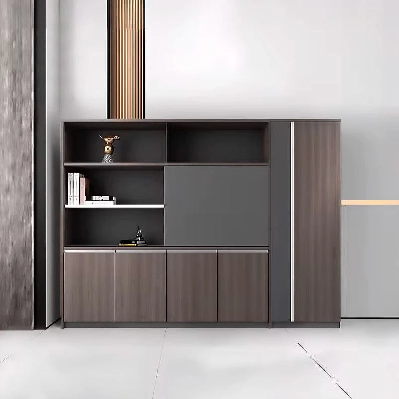 Calder office shelving front view in a light office, books and décor on the open shelves, wardrobe cabinet at the right