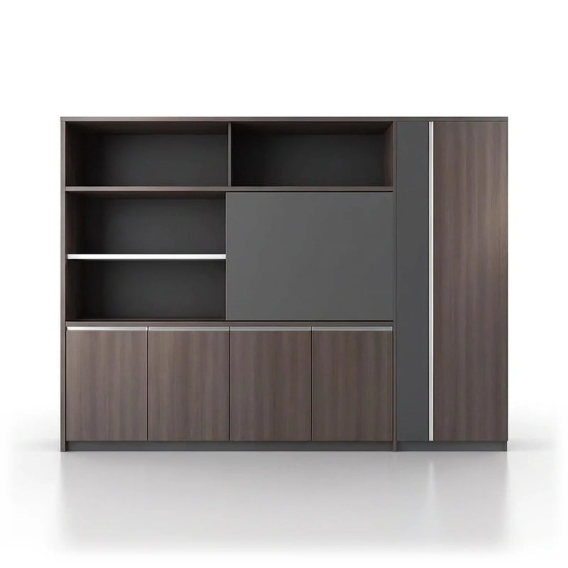 Calder 6′7″ (79-inch) office shelves with a narrow wardrobe unit, gray oak, sliding panel over open shelves and lower doors