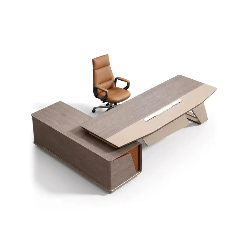 Seguin desk in gray oak and beige with tilted plane base