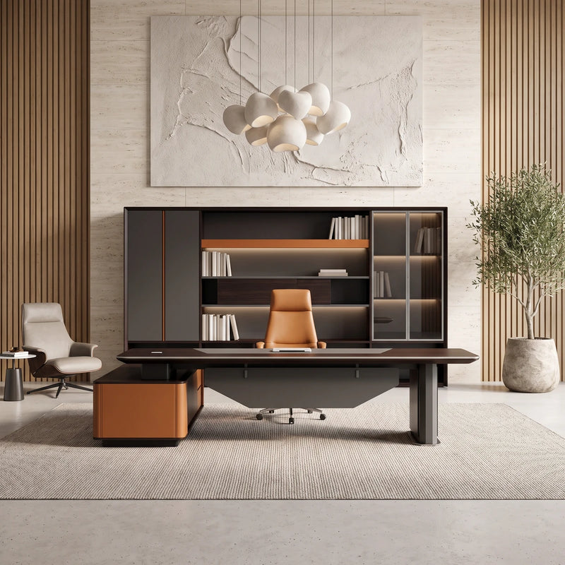 Kitley executive desk in a stone and oak office beside its matching shelving
