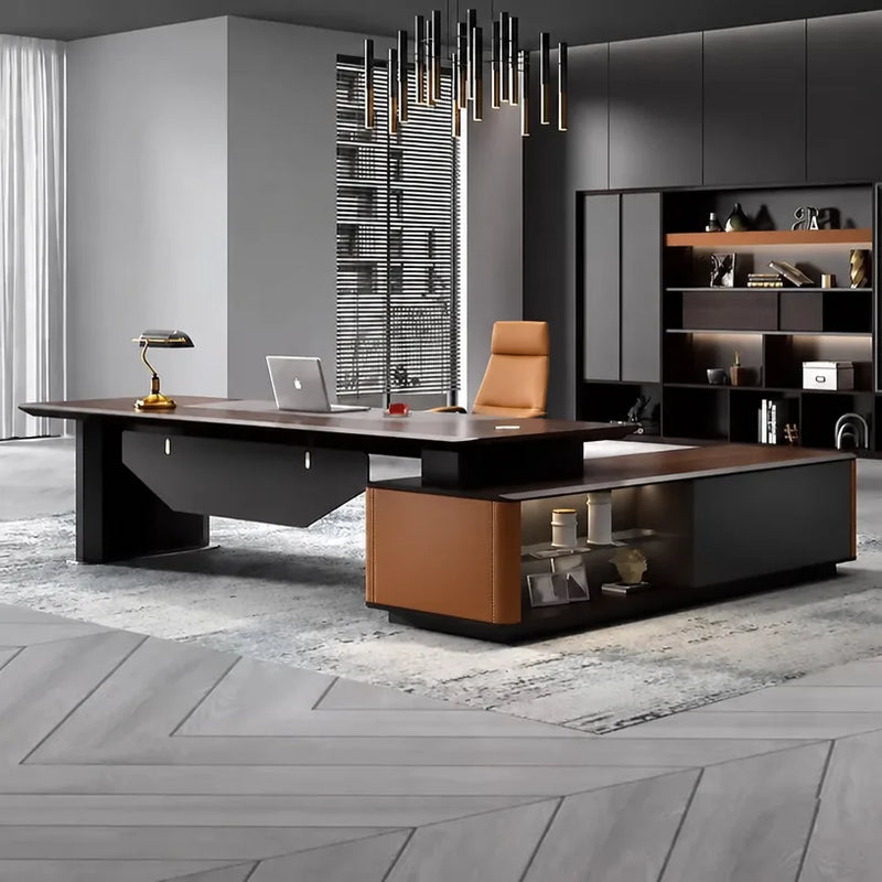 Kitley desk, left return, cognac cabinet glowing