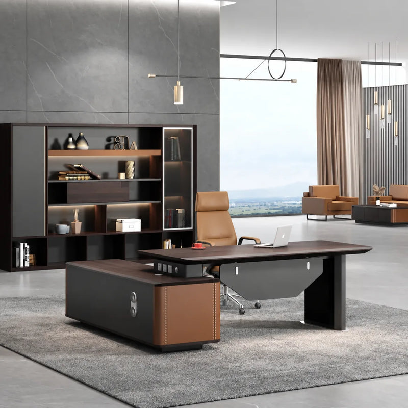 Kitley executive desk in a stone and oak office beside its matching shelving