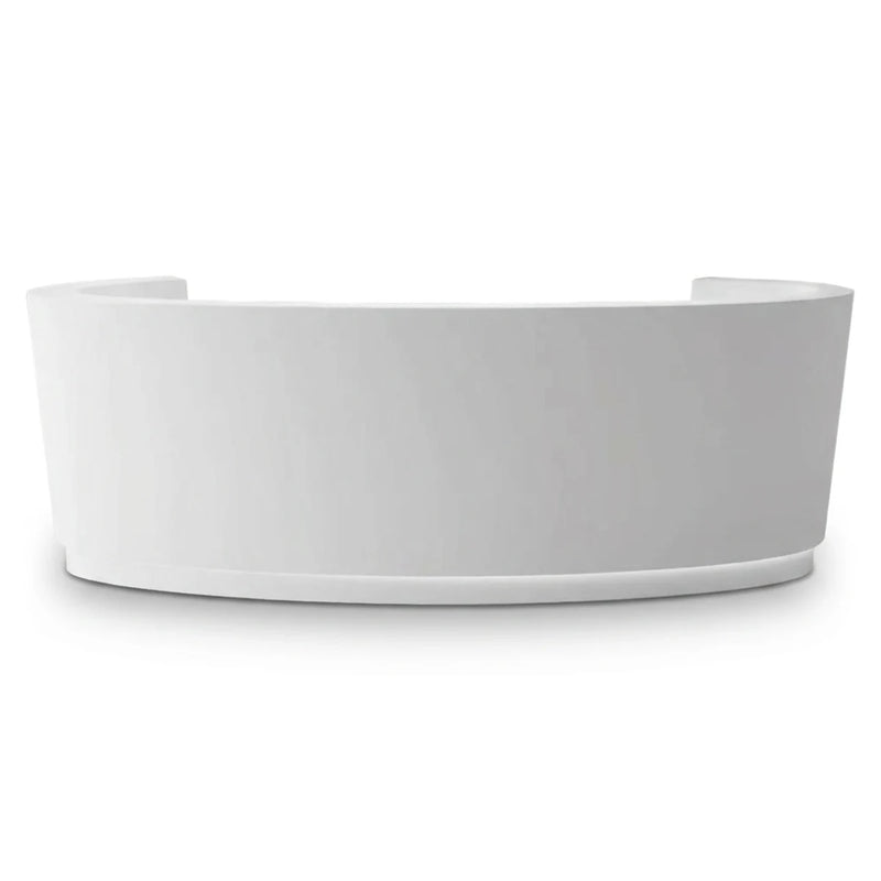 Vyric luxury reception desk, curved crescent in glossy white, studio view