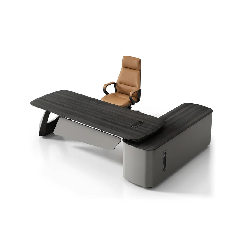 Veris desk in dark textured woodgrain with taupe rounded pedestal