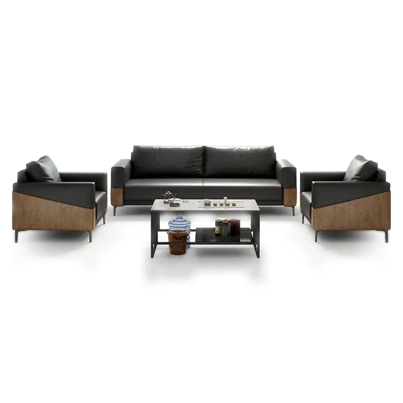 Koster executive office lounge conversation set in black upholstery with diagonal walnut side panels: 3-seater sofa and two arm chairs