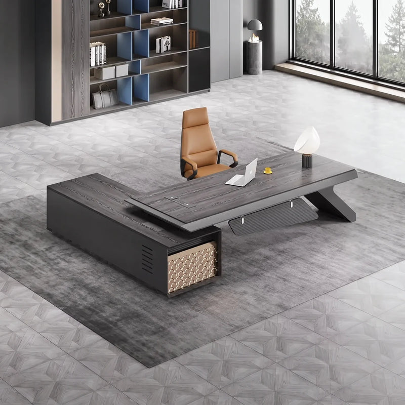 Krosno manager desk, right return, with blue-accent shelving