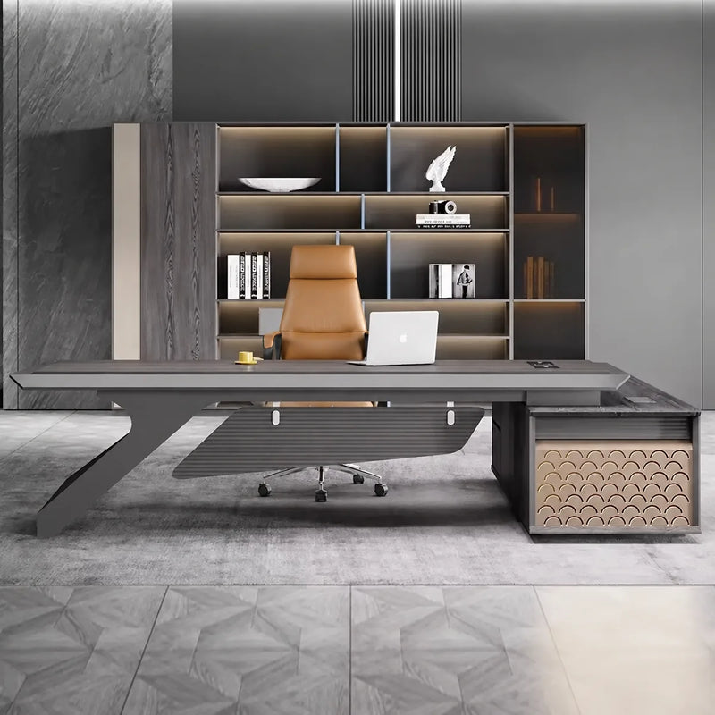 Krosno desk in barnwood gray by a window with blinds