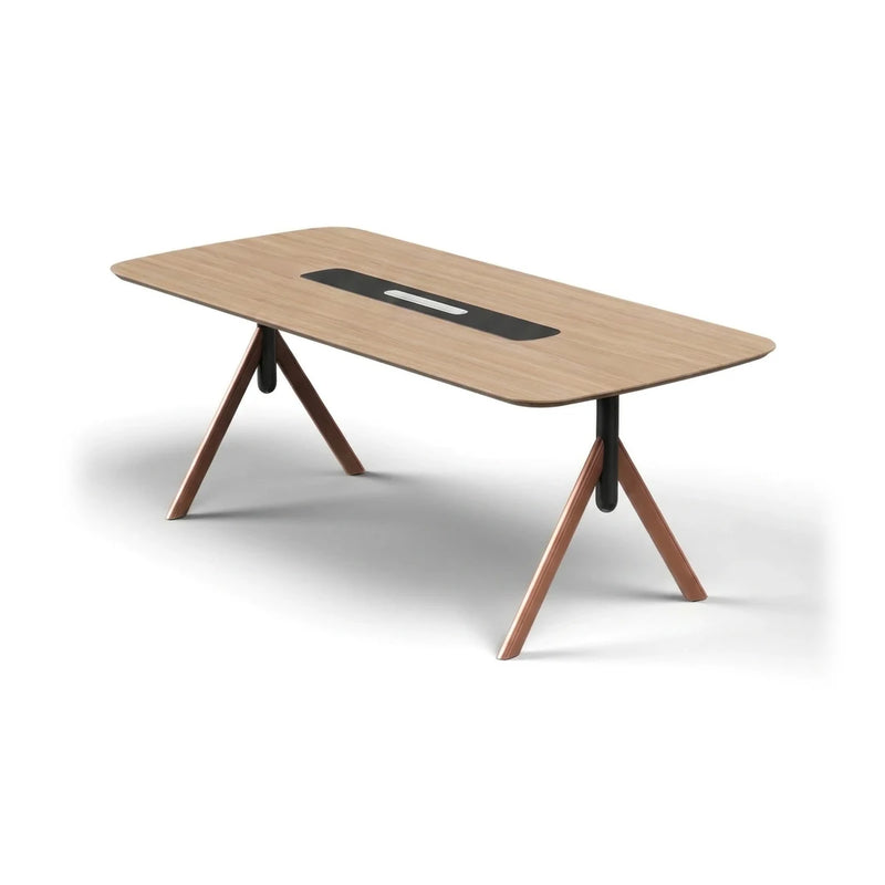 Kyden modern meeting table in brown oak with a black center cable panel on splayed wooden legs, 6′ to 10′6″ (72 to 126-inch) lengths