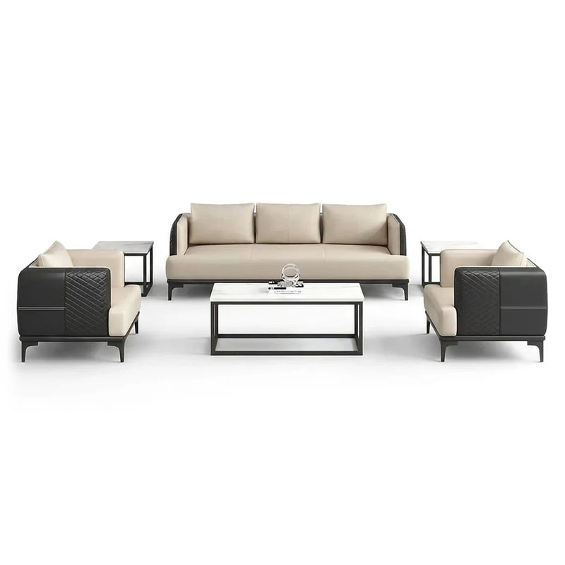 Nässjö modern office lounge conversation set in black and beige leather with quilted side panels: 3-seater sofa and two arm chairs