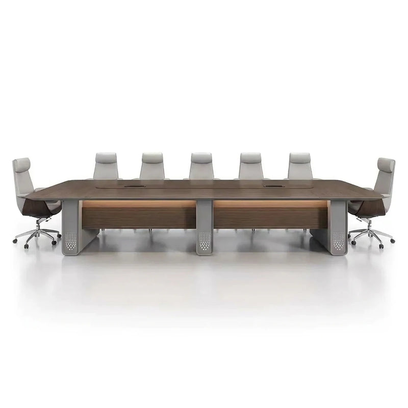 Kinsley modern conference table in brown and gray with perforated gray panel legs and cream chairs, 12′ or 15′9″ (144 or 189-inch) length