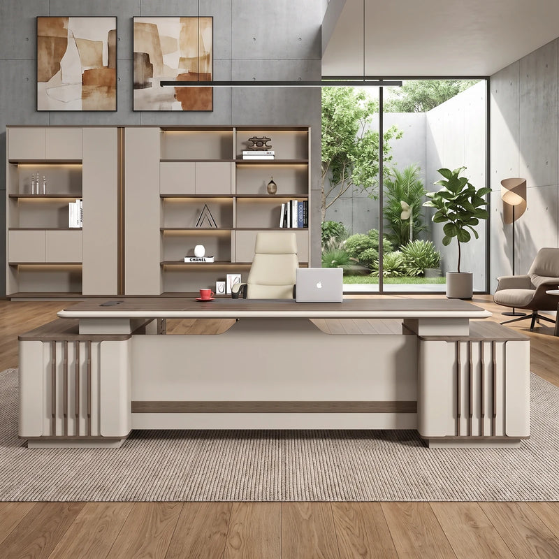 Lauder executive desk in a concrete courtyard office with a garden window beside its matching shelving