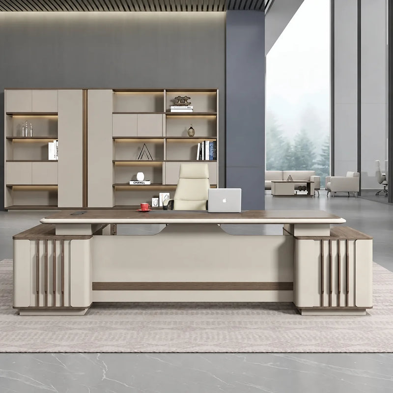 Lauder grand desk centered before a forest-view shelf wall