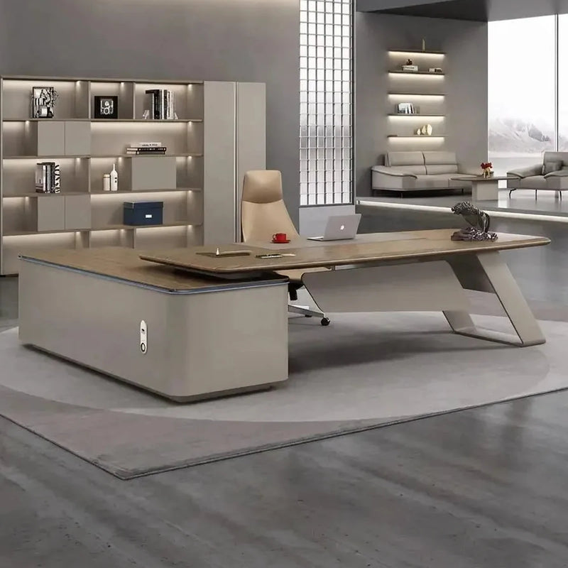 Laurier manager desk, right return, in a stone-and-glass office