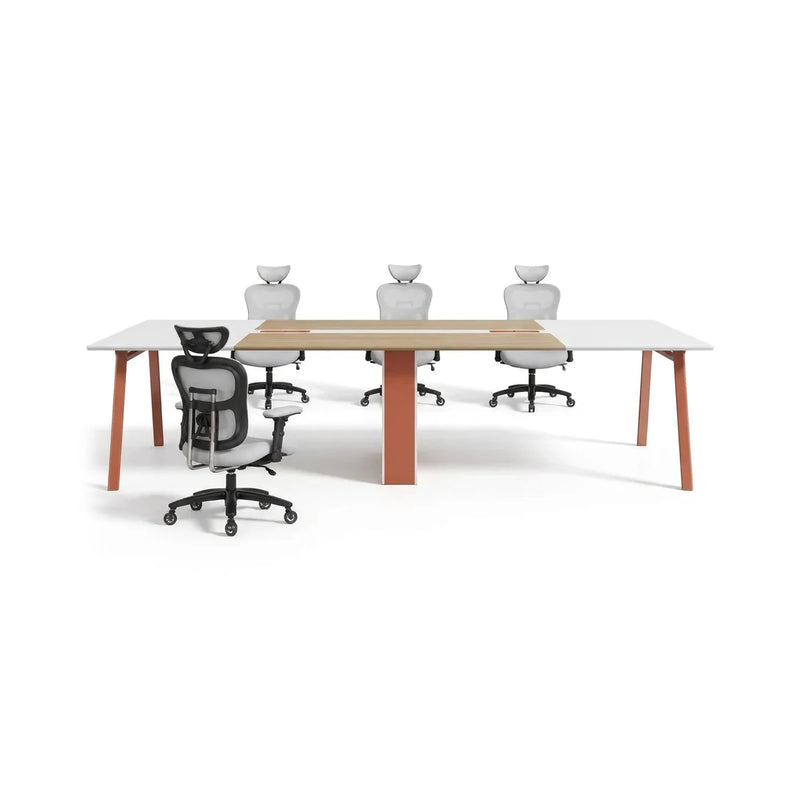 Comity modern meeting table in white and beige with terracotta angled legs and gray mesh chairs, 9′ or 10′6″ (108 or 126-inch) length