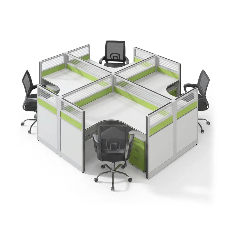 Velnor white and green L-shaped cubicle workstations in a 4-person team cluster with mesh chairs in an open office