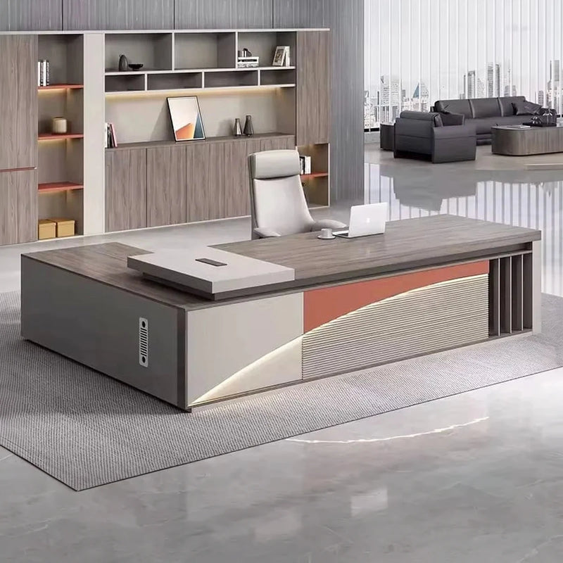 Lachlan desk, right return, in a skyline office with shelf wall