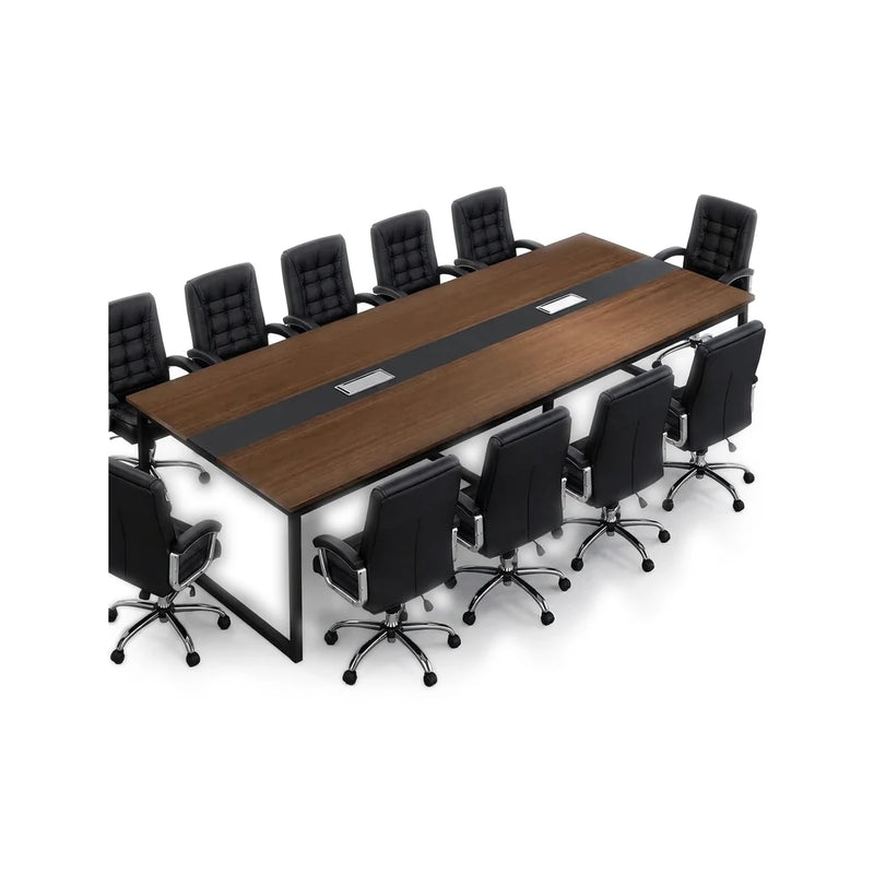 Levan modern conference table in amber walnut with a black center strip on a black steel frame, 6′7″ to 12′ (79 to 144-inch) lengths