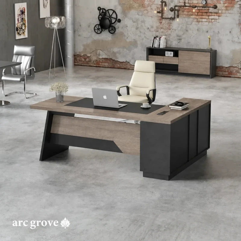 Linton desk, left return, in a brick loft with credenza