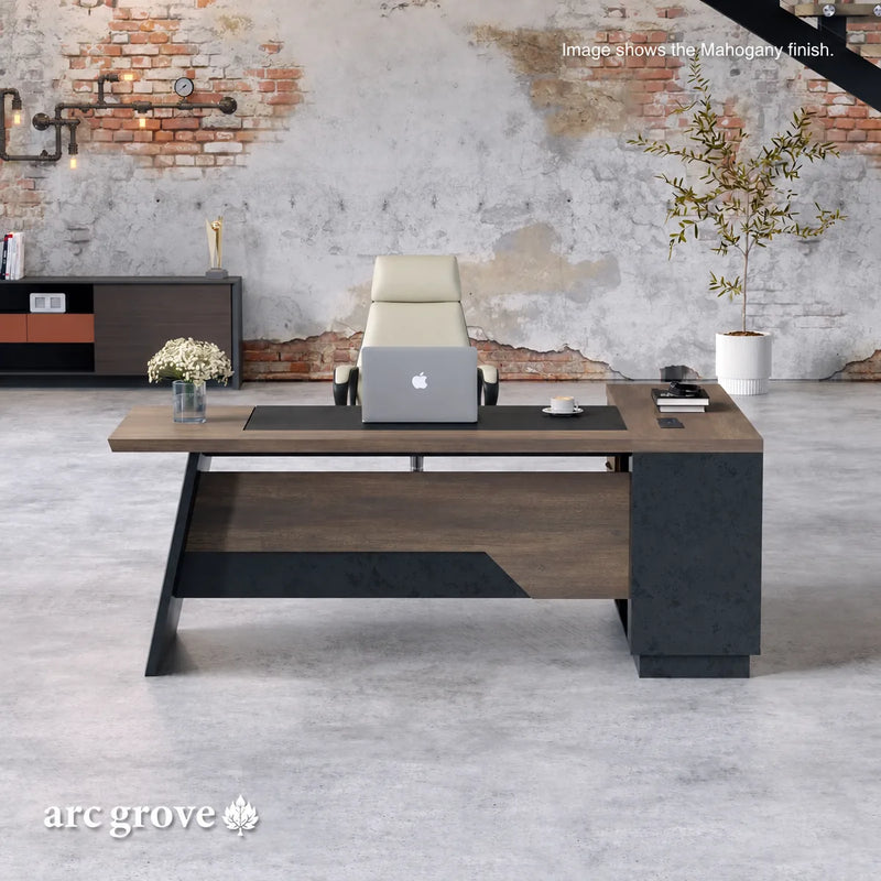 Linton desk in mahogany in an industrial loft, front view