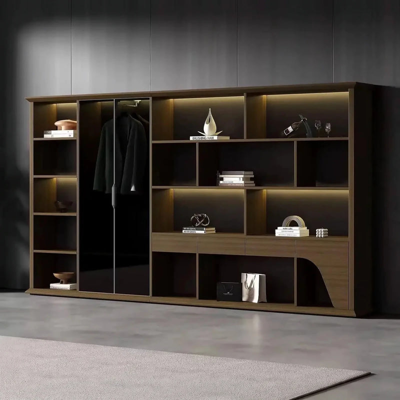 Langley 12′6″ (150-inch) office shelves in a dark room, suit closet open with hanging jackets, integrated lighting on the tiers
