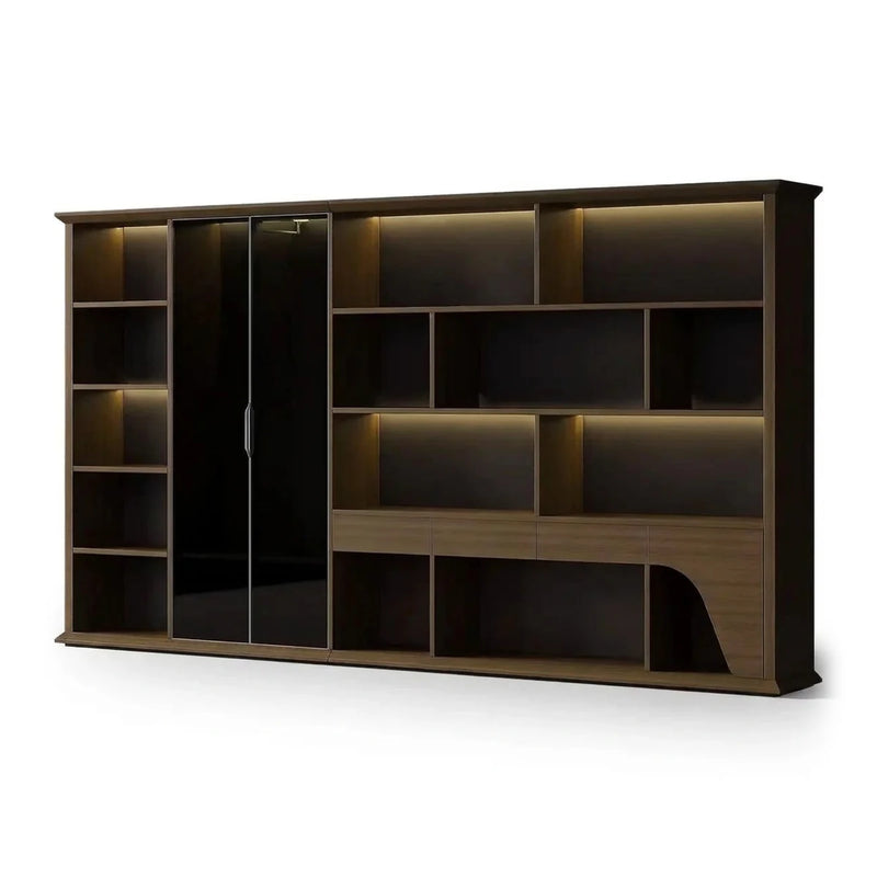Langley 12′6″ (150-inch) office wall unit in warm woodgrain, smoked glass double doors, open shelves and a curved base cabinet
