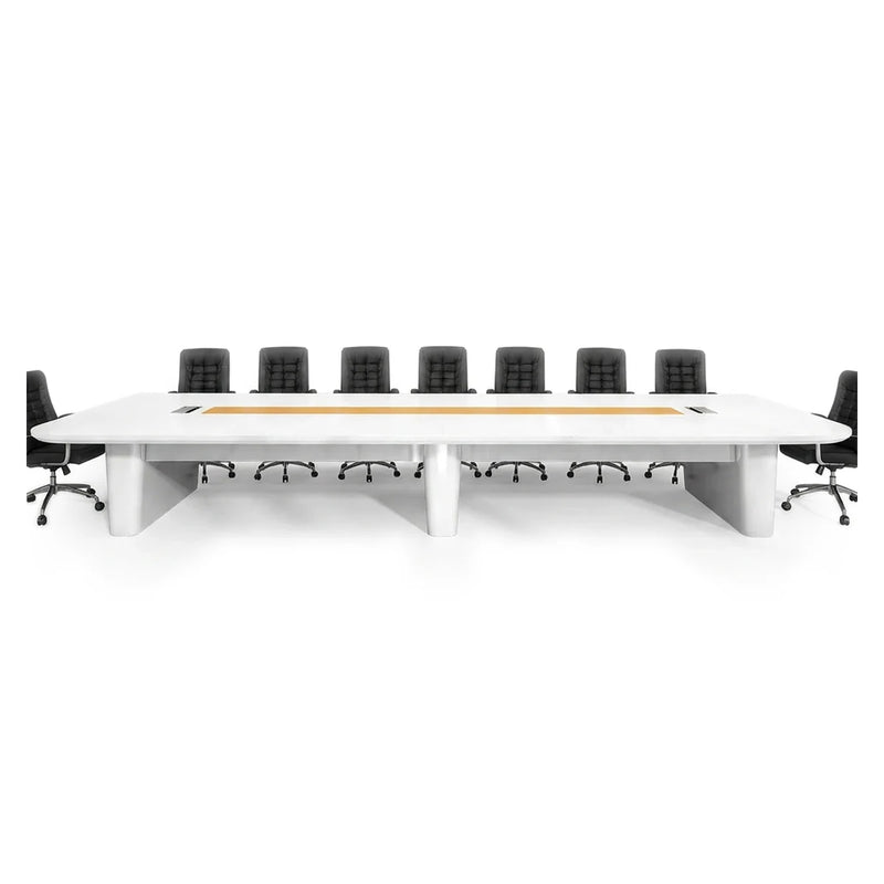 Lynix modern white conference table with a tan leather-look center runner on rounded plinth legs, 8′ to 16′5″ (96 to 197-inch) lengths
