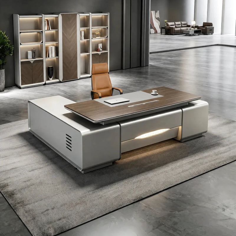 Lucerne desk, right return, in a charcoal gallery with chevron shelving