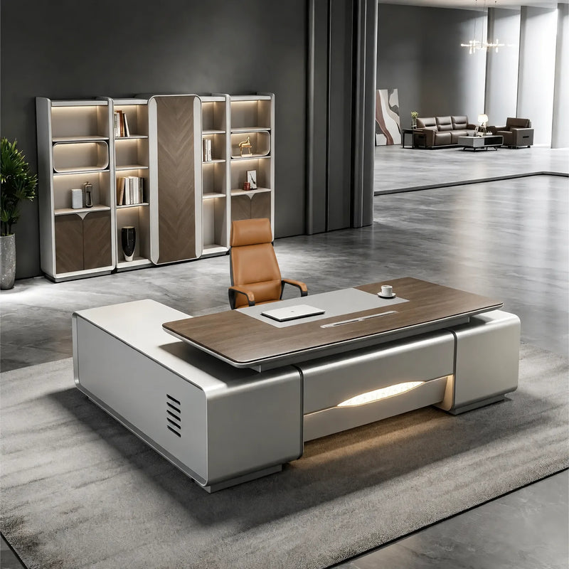 Lucerne desk, right return, in a charcoal gallery with chevron shelving