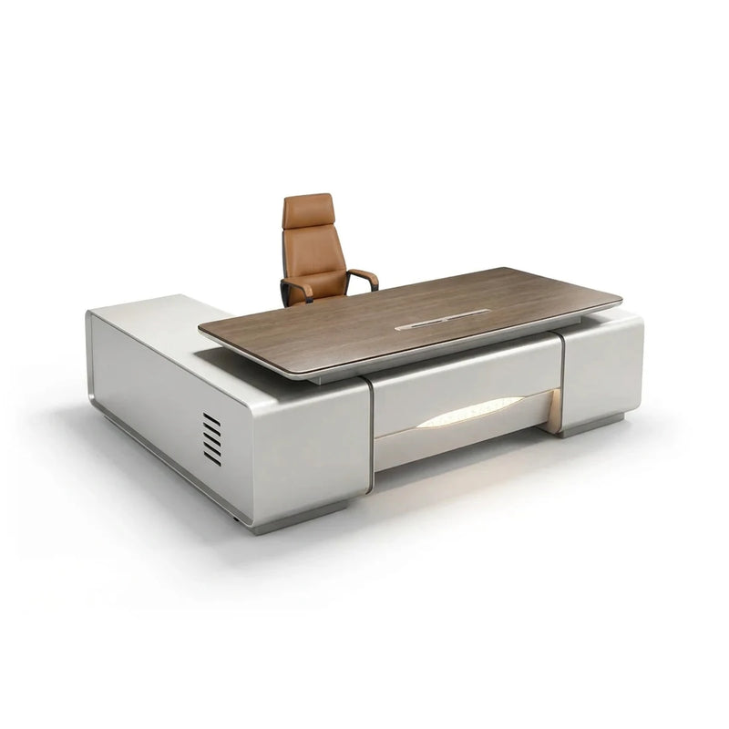 Lucerne executive desk in pearl gray with walnut top and lit reveal