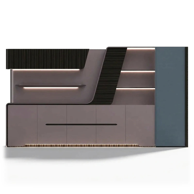 Velor luxury office wall unit in ebony veneer and mauve gray, sweeping lit display shelves over long drawers, front view
